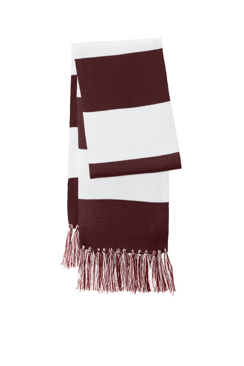 Maroon and white fringed spectator scarf
