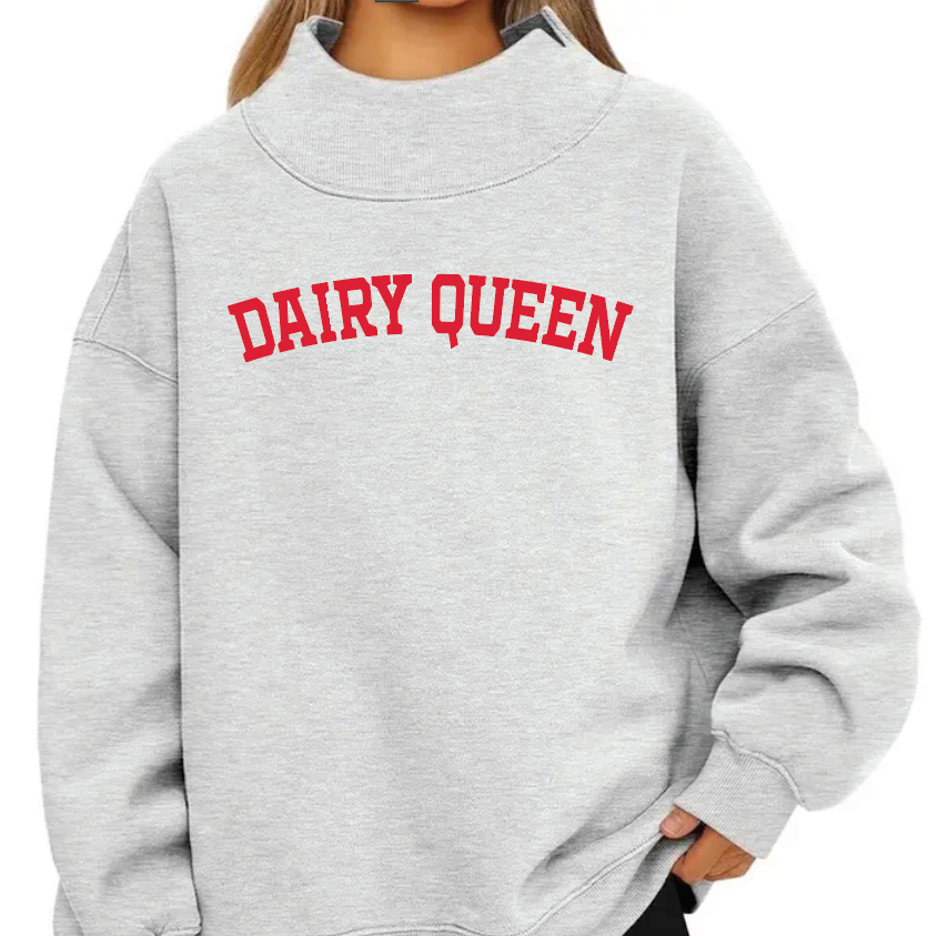 MOCKNECK OVERSIZED PARKE STYLE SWEATSHIRT with Dairy Queen Printed in red