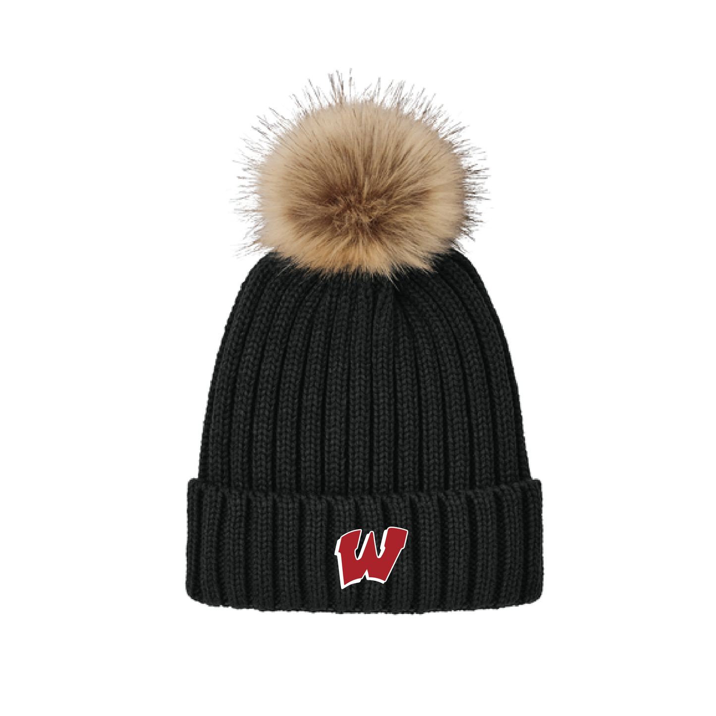 Pom Pom Beanie with Wells W embroidered