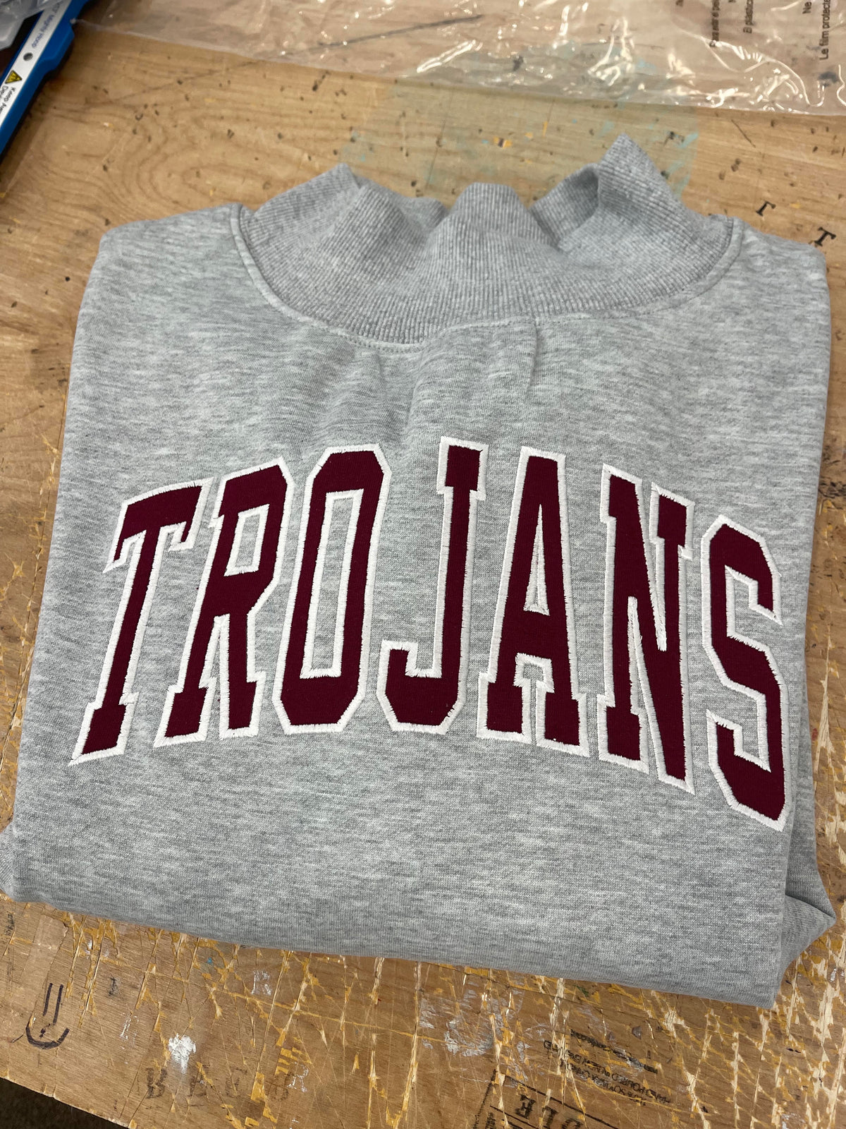 Custom Mockneck Sweatshirt with Trojans appliqués